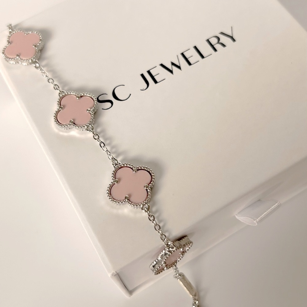 Pink Clover Bracelet Double Sided Silver Color Four Leaf - Picture 4 of 8